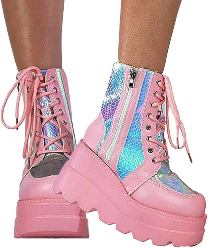 Women's Halloween Fashion Chunky Heel Ankle Booties Lace up Buckle Goth Motorcycle Platform Boot Military Combat Boots