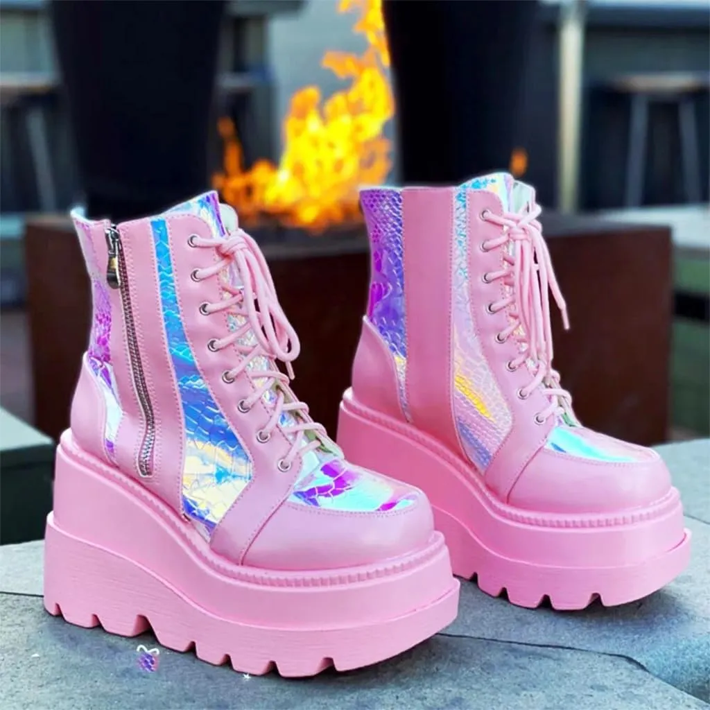 Women's Halloween Fashion Chunky Heel Ankle Booties Lace up Buckle Goth Motorcycle Platform Boot Military Combat Boots