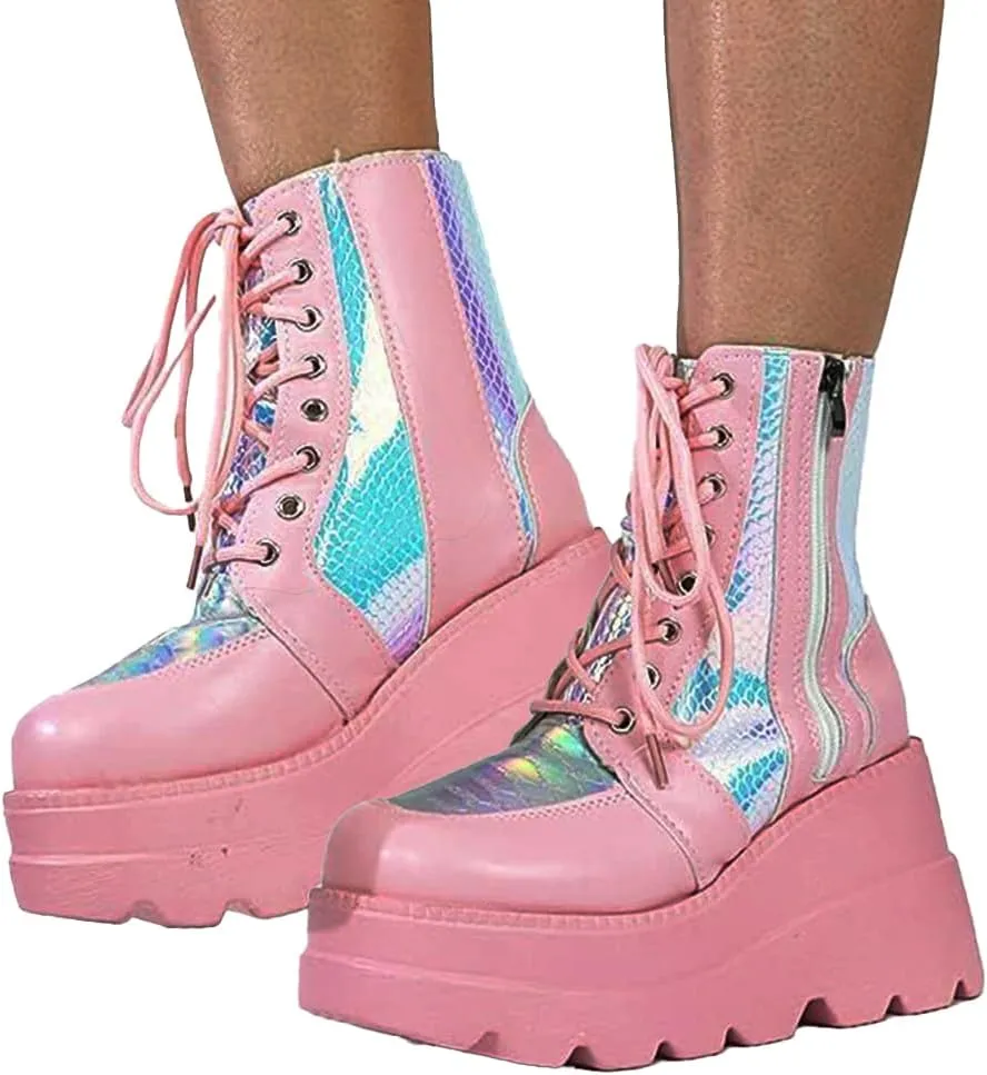 Women's Halloween Fashion Chunky Heel Ankle Booties Lace up Buckle Goth Motorcycle Platform Boot Military Combat Boots