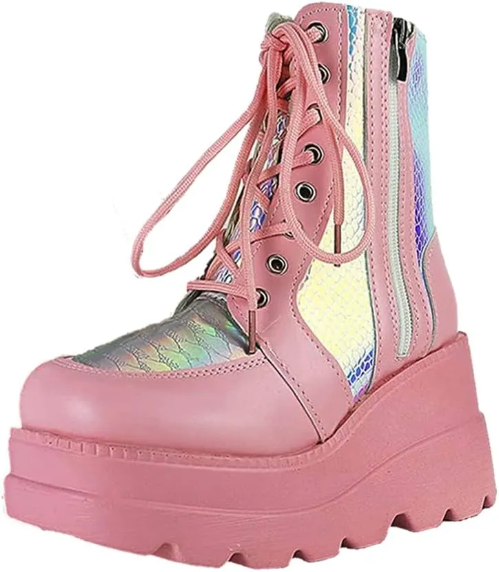 Women's Halloween Fashion Chunky Heel Ankle Booties Lace up Buckle Goth Motorcycle Platform Boot Military Combat Boots