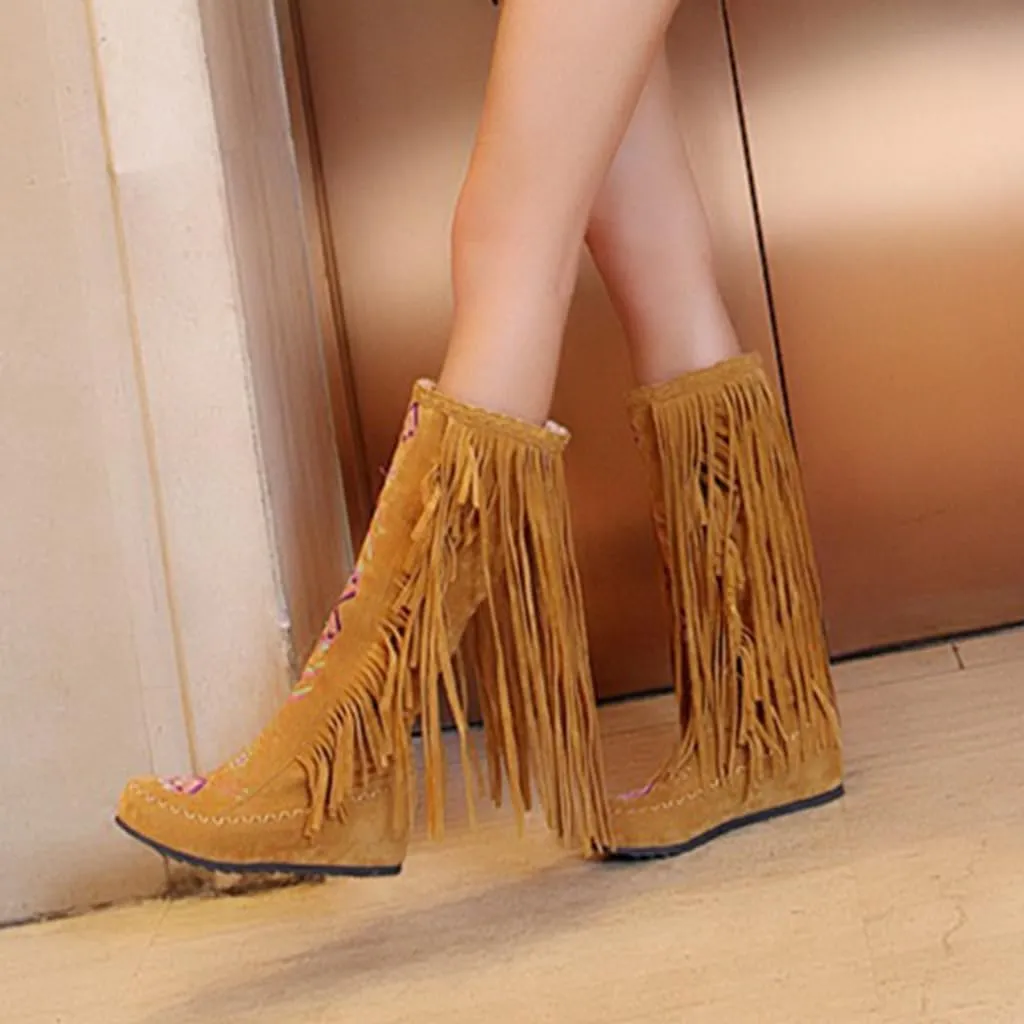 Women's Knee High Boots Fringe Western Boot Winter Flats Faux Suede Embroidered Closed Toe Mid Calf Flat Boot Long Snow Tassel Boots Shoes Mid Calf Boots Combat Booties Outdoor