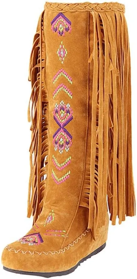 Women's Knee High Boots Fringe Western Boot Winter Flats Faux Suede Embroidered Closed Toe Mid Calf Flat Boot Long Snow Tassel Boots Shoes Mid Calf Boots Combat Booties Outdoor