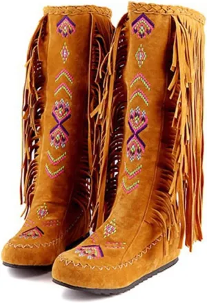 Women's Knee High Boots Fringe Western Boot Winter Flats Faux Suede Embroidered Closed Toe Mid Calf Flat Boot Long Snow Tassel Boots Shoes Mid Calf Boots Combat Booties Outdoor