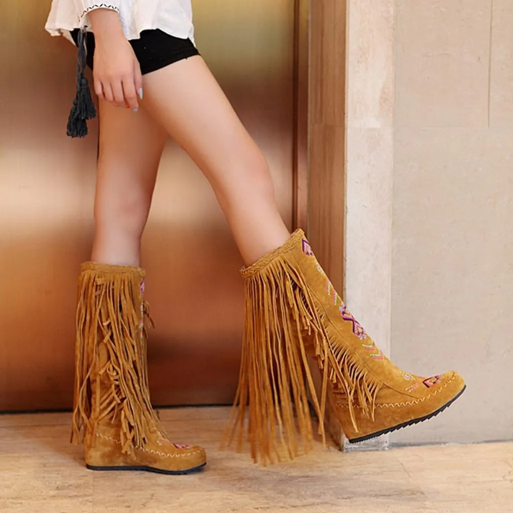 Women's Knee High Boots Fringe Western Boot Winter Flats Faux Suede Embroidered Closed Toe Mid Calf Flat Boot Long Snow Tassel Boots Shoes Mid Calf Boots Combat Booties Outdoor