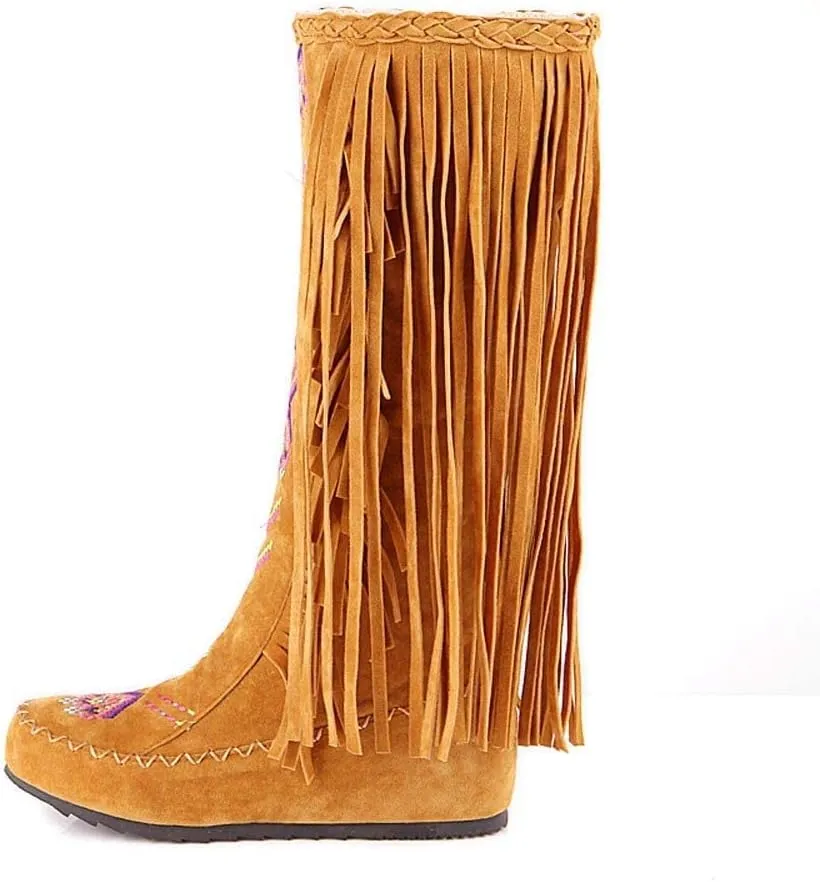 Women's Knee High Boots Fringe Western Boot Winter Flats Faux Suede Embroidered Closed Toe Mid Calf Flat Boot Long Snow Tassel Boots Shoes Mid Calf Boots Combat Booties Outdoor