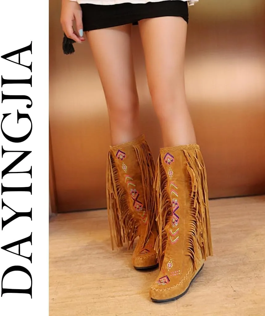 Women's Knee High Boots Fringe Western Boot Winter Flats Faux Suede Embroidered Closed Toe Mid Calf Flat Boot Long Snow Tassel Boots Shoes Mid Calf Boots Combat Booties Outdoor