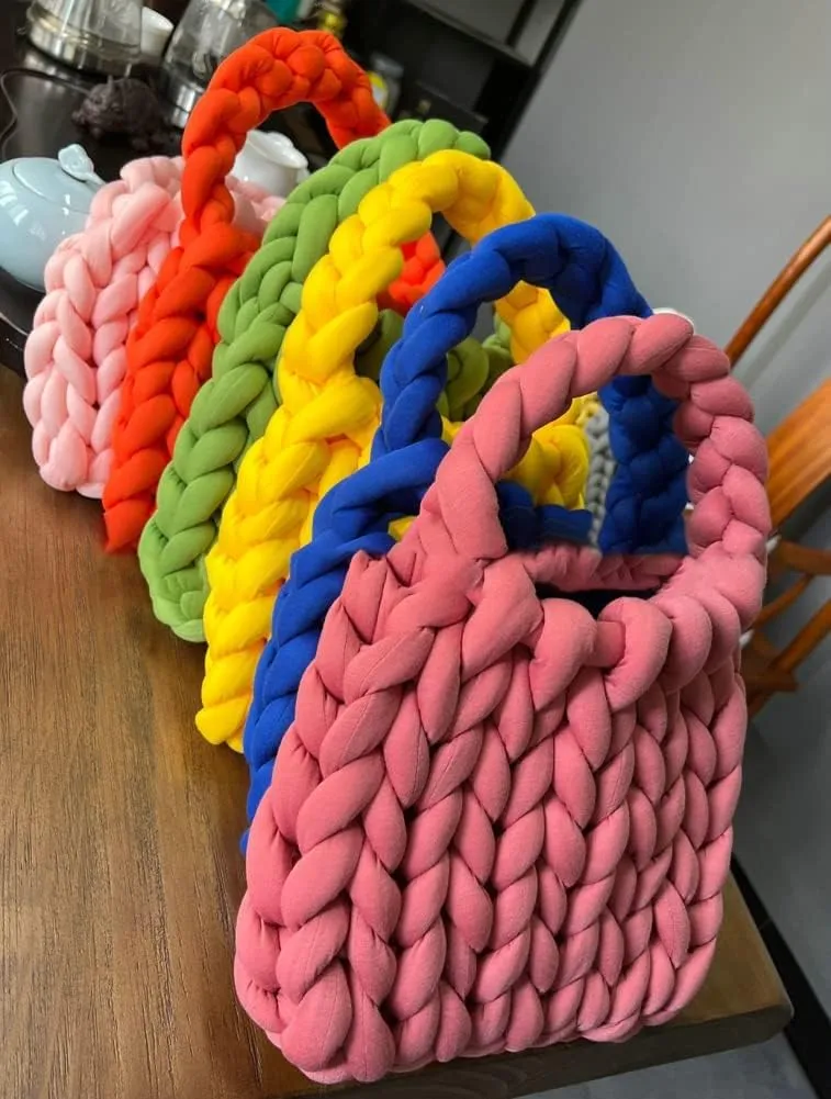 Women's Knit Clutch Bag Handmade Woven Polyeater Knit Satchel Purse Handbag Shoulder Solid Color Bag
