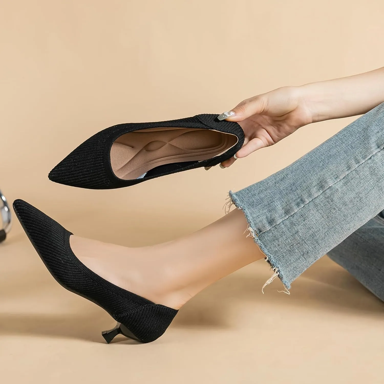 Women's Knit Kitten Heel Pumps Fashion Pointed Toe Shallow Mouth Slip On Comfortable Heels Casual Work Office Business Wedding Formal Dress Shoes
