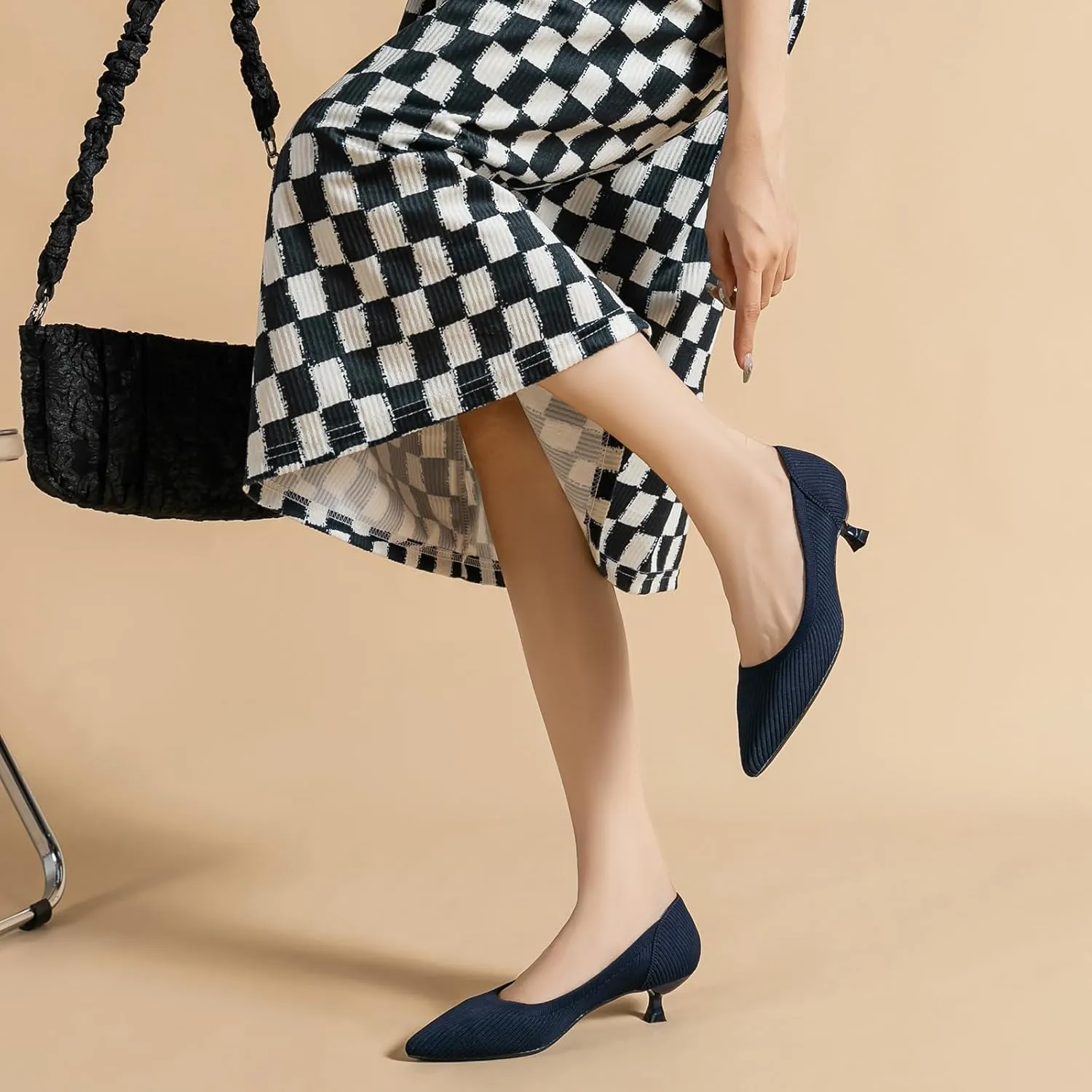 Women's Knit Kitten Heel Pumps Fashion Pointed Toe Shallow Mouth Slip On Comfortable Heels Casual Work Office Business Wedding Formal Dress Shoes
