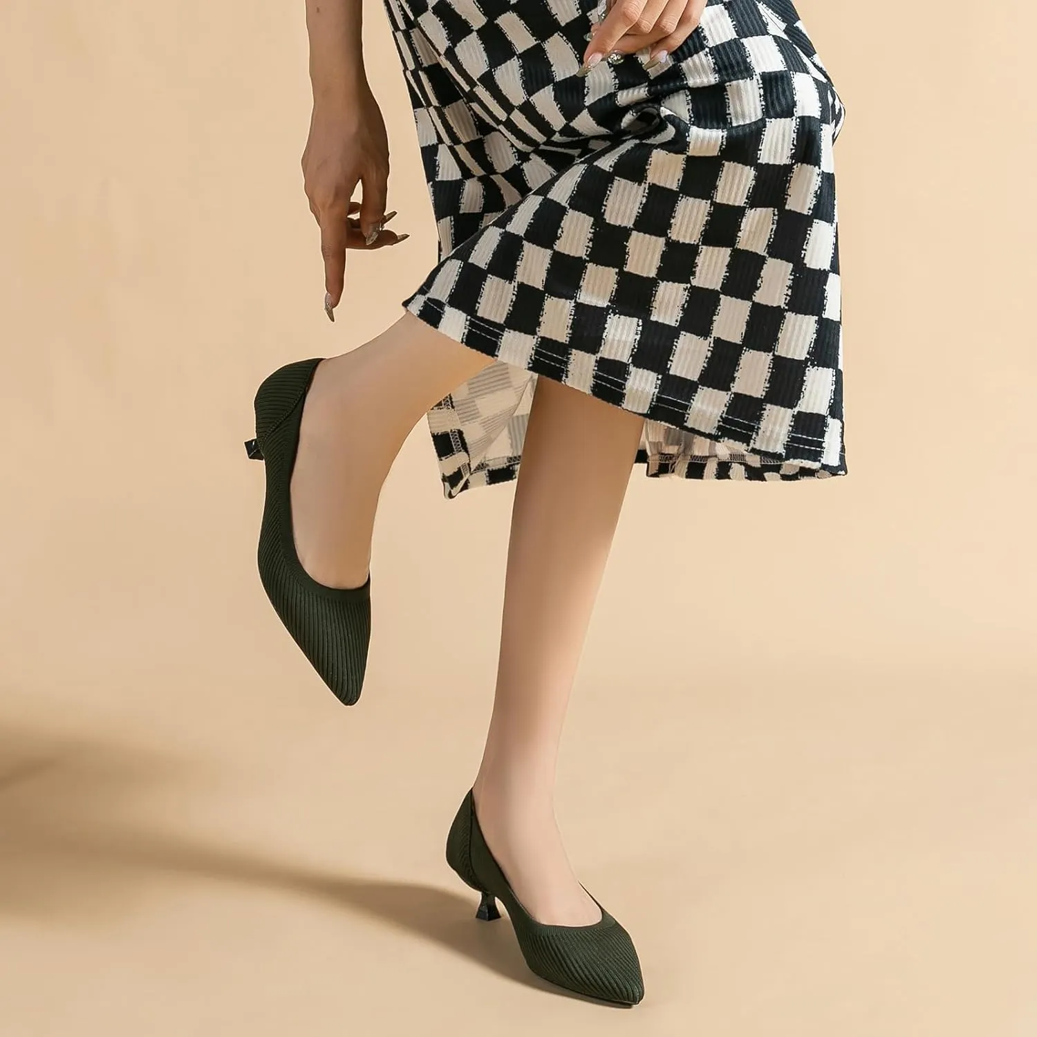 Women's Knit Kitten Heel Pumps Fashion Pointed Toe Shallow Mouth Slip On Comfortable Heels Casual Work Office Business Wedding Formal Dress Shoes
