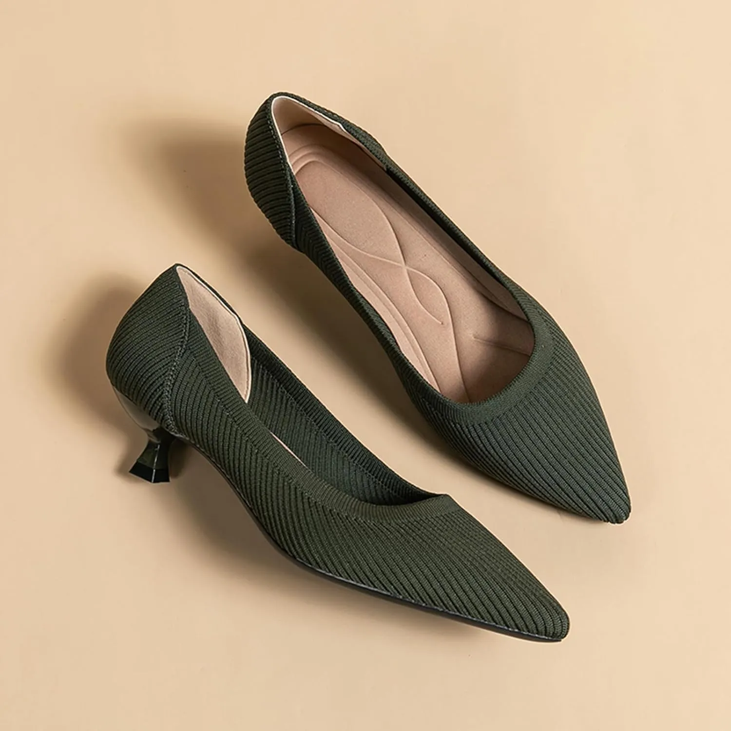 Women's Knit Kitten Heel Pumps Fashion Pointed Toe Shallow Mouth Slip On Comfortable Heels Casual Work Office Business Wedding Formal Dress Shoes