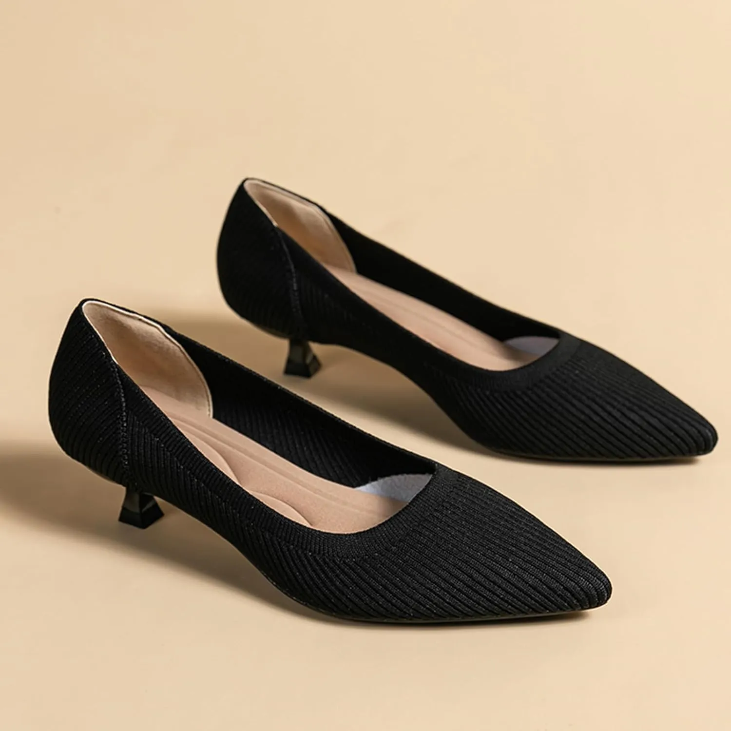Women's Knit Kitten Heel Pumps Fashion Pointed Toe Shallow Mouth Slip On Comfortable Heels Casual Work Office Business Wedding Formal Dress Shoes