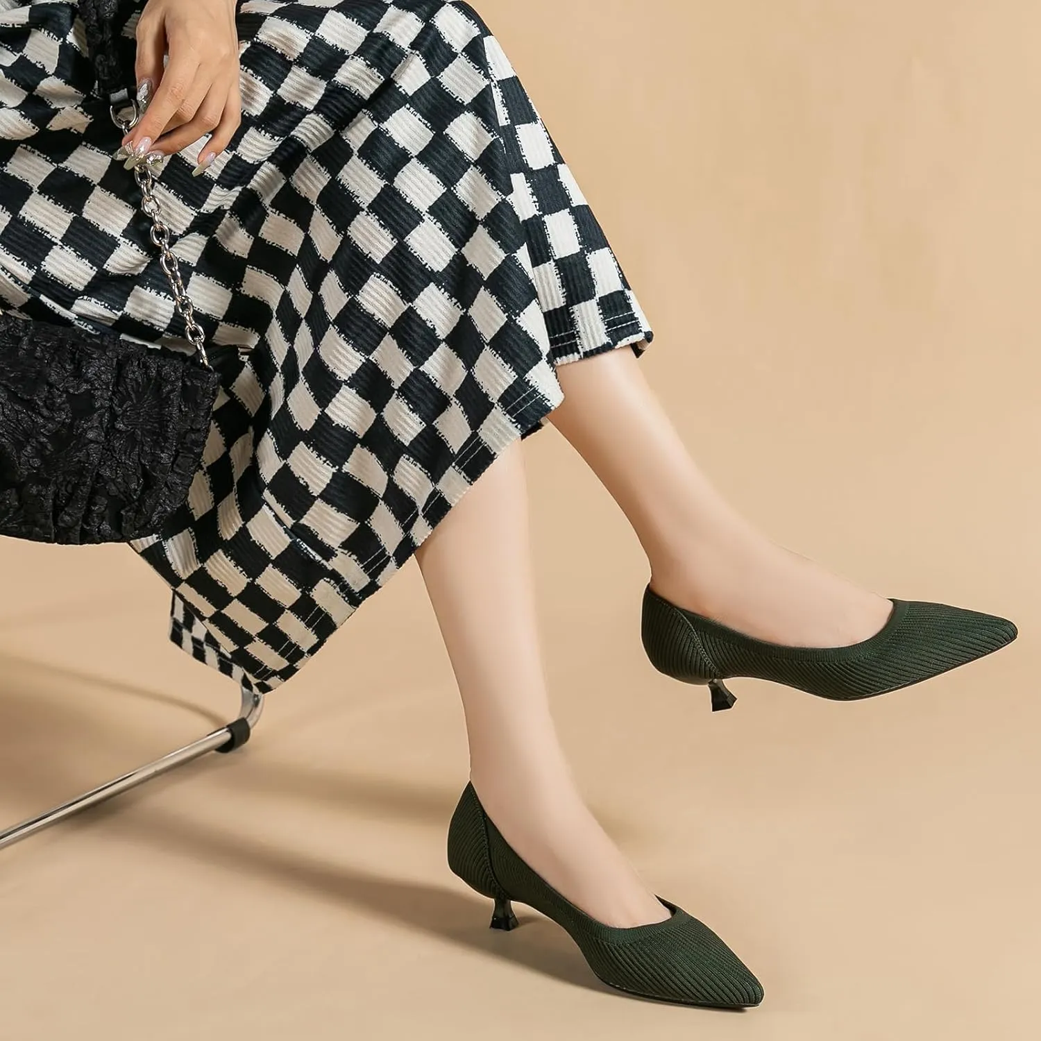Women's Knit Kitten Heel Pumps Fashion Pointed Toe Shallow Mouth Slip On Comfortable Heels Casual Work Office Business Wedding Formal Dress Shoes