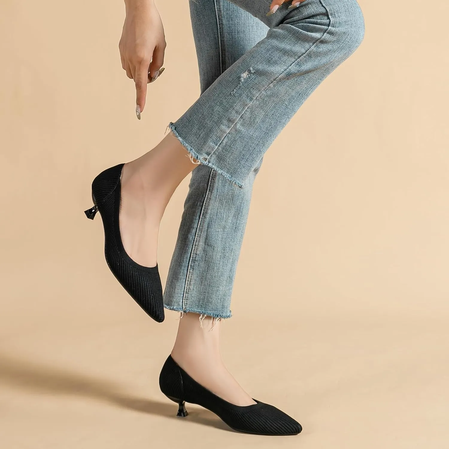 Women's Knit Kitten Heel Pumps Fashion Pointed Toe Shallow Mouth Slip On Comfortable Heels Casual Work Office Business Wedding Formal Dress Shoes