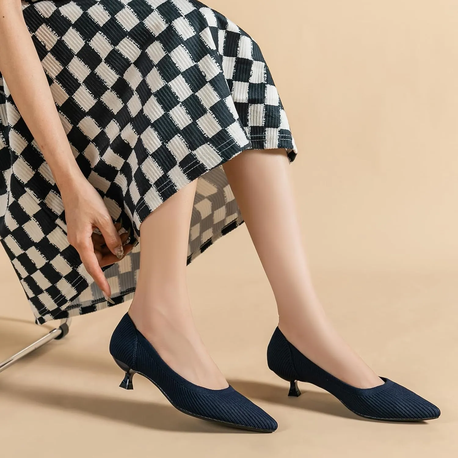 Women's Knit Kitten Heel Pumps Fashion Pointed Toe Shallow Mouth Slip On Comfortable Heels Casual Work Office Business Wedding Formal Dress Shoes