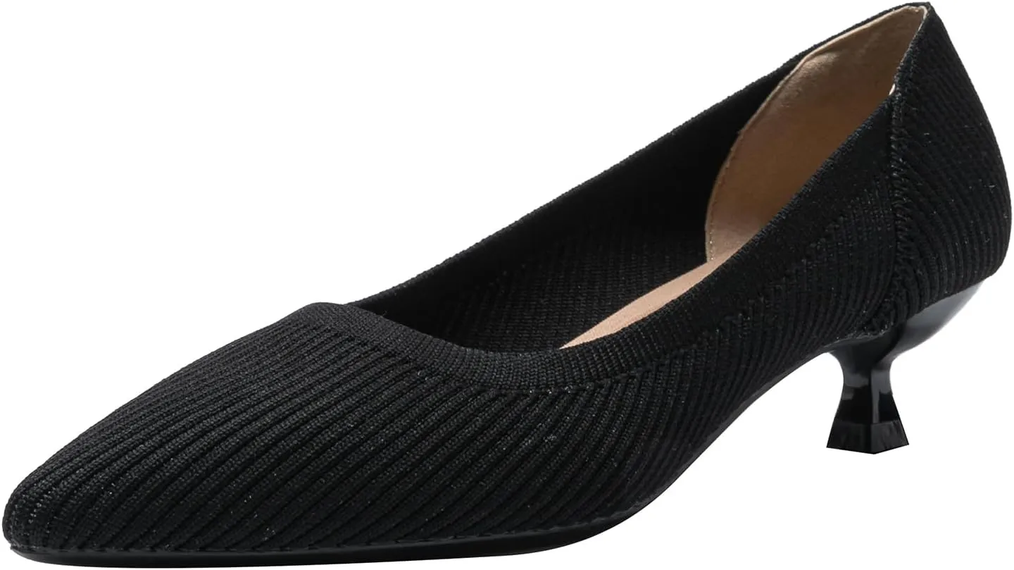 Women's Knit Kitten Heel Pumps Fashion Pointed Toe Shallow Mouth Slip On Comfortable Heels Casual Work Office Business Wedding Formal Dress Shoes