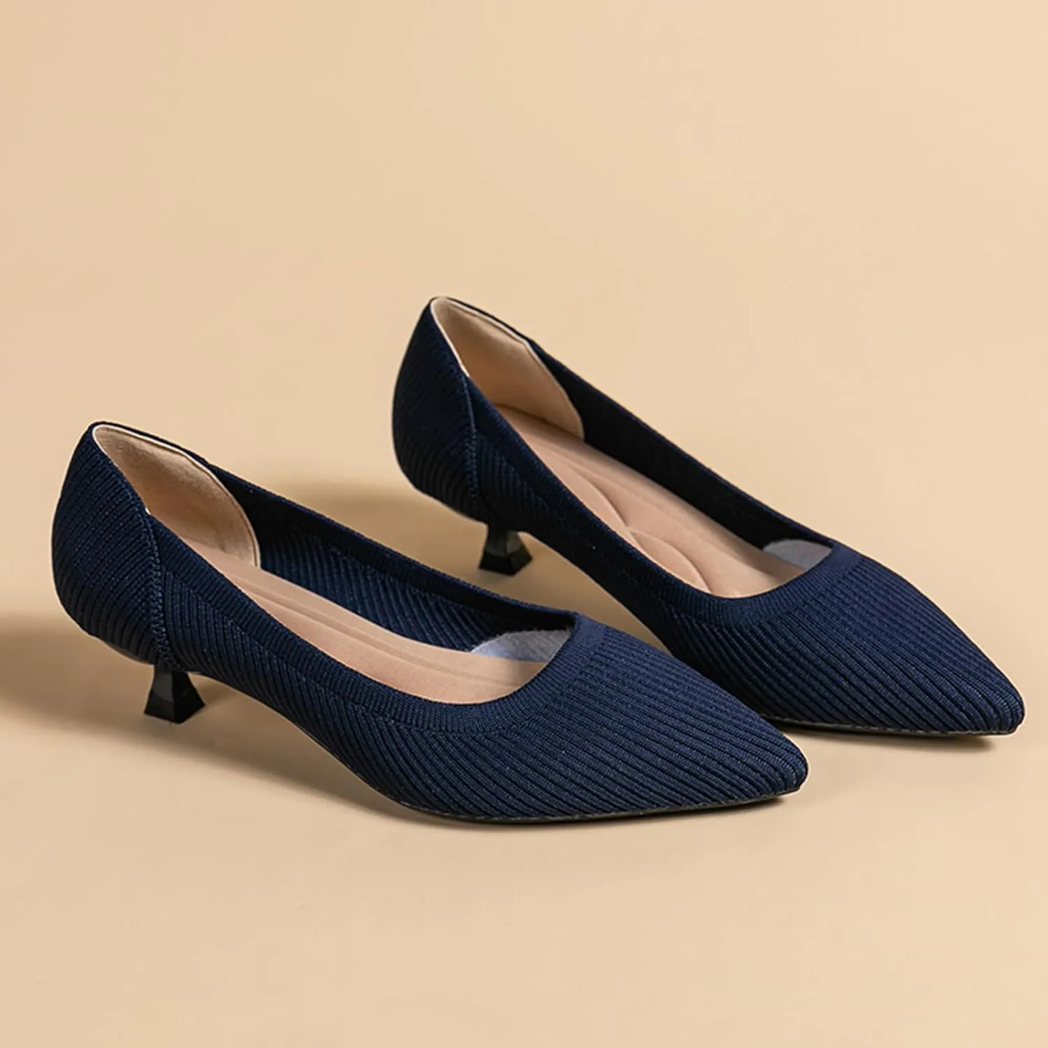 Women's Knit Kitten Heel Pumps Fashion Pointed Toe Shallow Mouth Slip On Comfortable Heels Casual Work Office Business Wedding Formal Dress Shoes