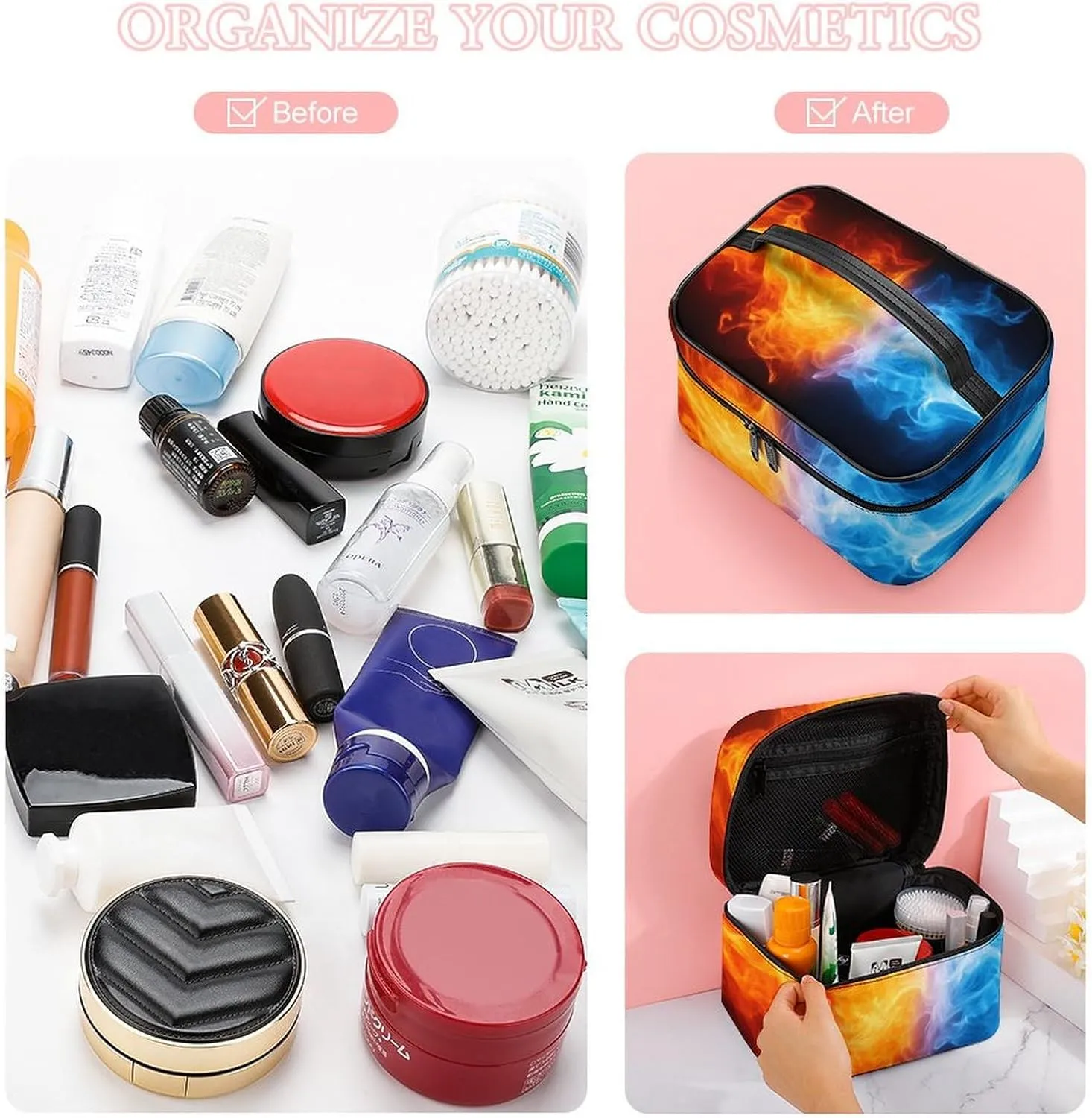 Women's Large Makeup Bag, Portable Cosmetic Brush Bags Ice Water Fire Flame Red Blue Makeup Organizer Case Travel Toiletry Accessories