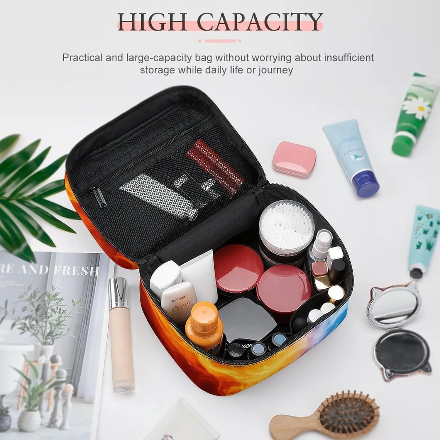 Women's Large Makeup Bag, Portable Cosmetic Brush Bags Ice Water Fire Flame Red Blue Makeup Organizer Case Travel Toiletry Accessories