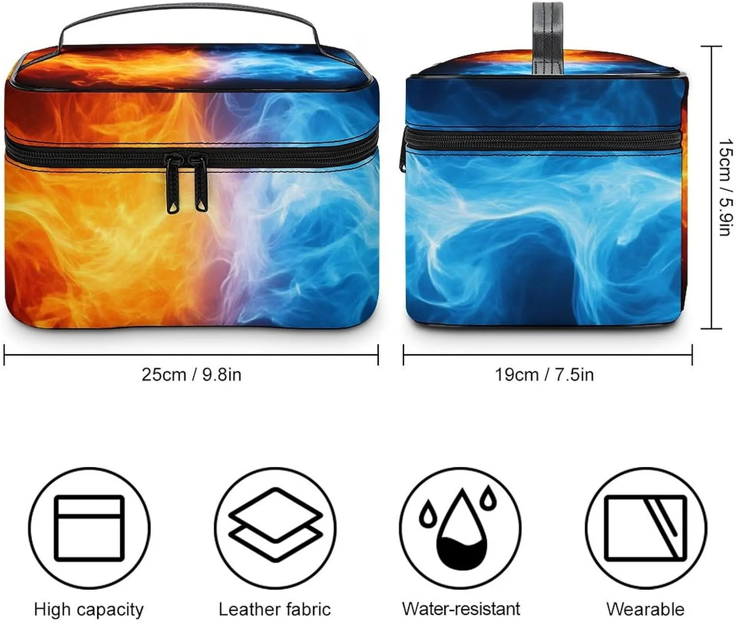Women's Large Makeup Bag, Portable Cosmetic Brush Bags Ice Water Fire Flame Red Blue Makeup Organizer Case Travel Toiletry Accessories