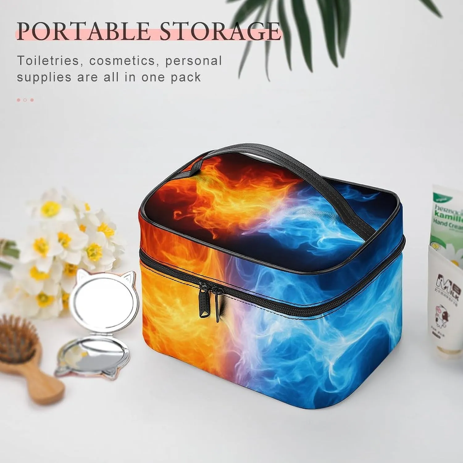 Women's Large Makeup Bag, Portable Cosmetic Brush Bags Ice Water Fire Flame Red Blue Makeup Organizer Case Travel Toiletry Accessories