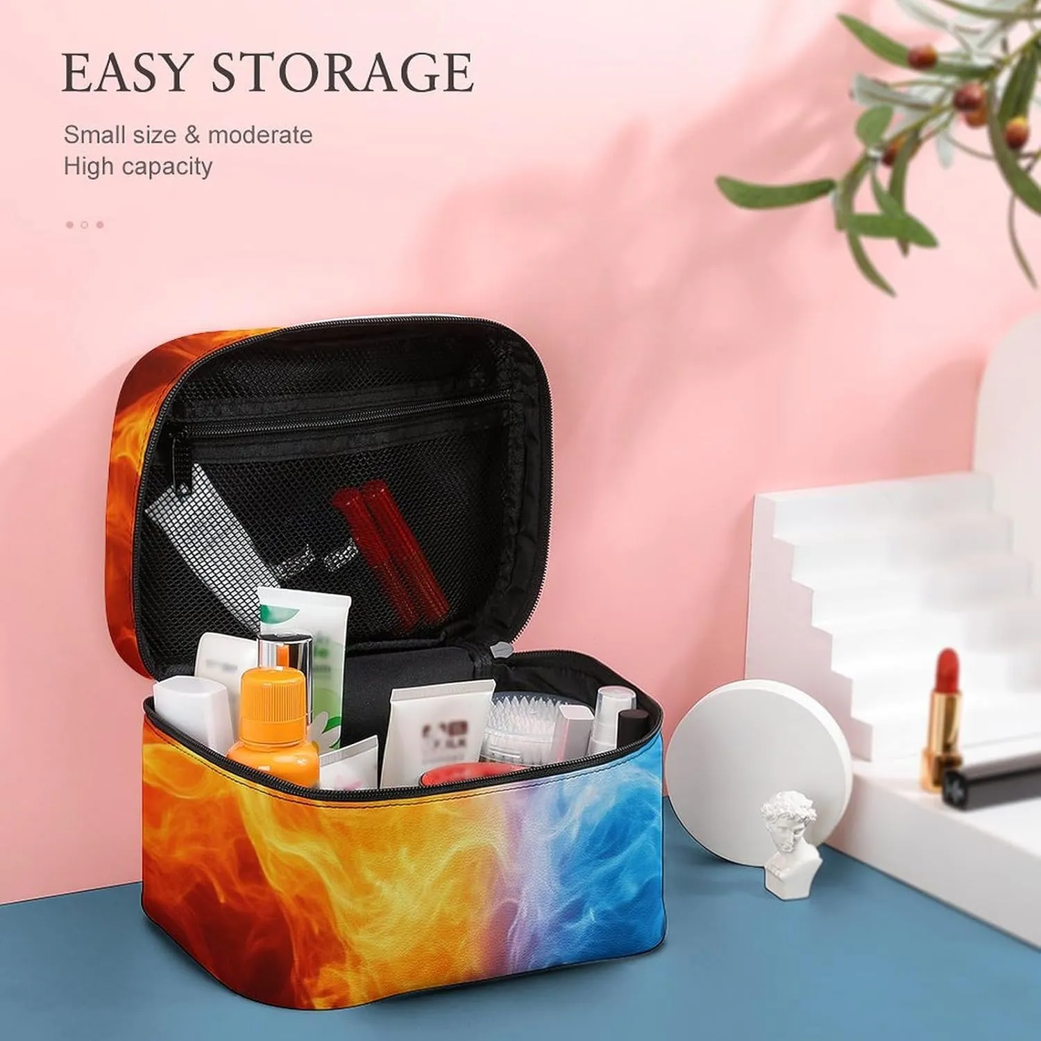 Women's Large Makeup Bag, Portable Cosmetic Brush Bags Ice Water Fire Flame Red Blue Makeup Organizer Case Travel Toiletry Accessories