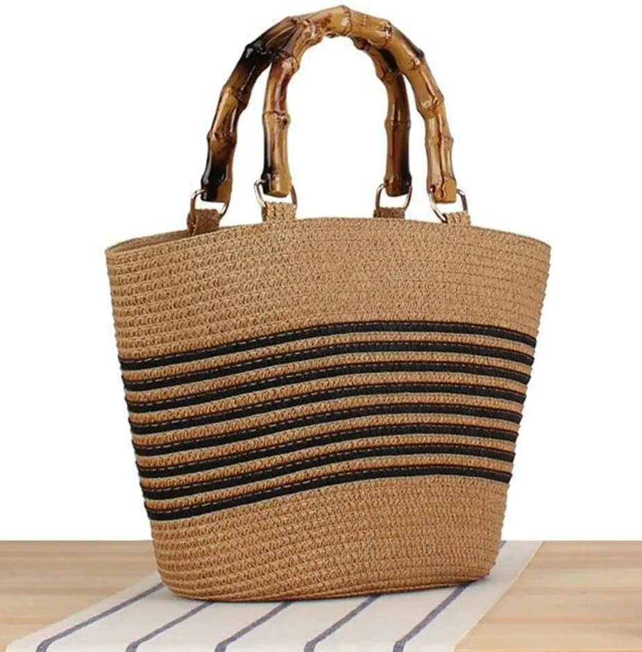 Womens Large Straw Tote Bag Bamboo Handle Handmade Woven Beach Shoulder Bag Top Handle Purse for Summer