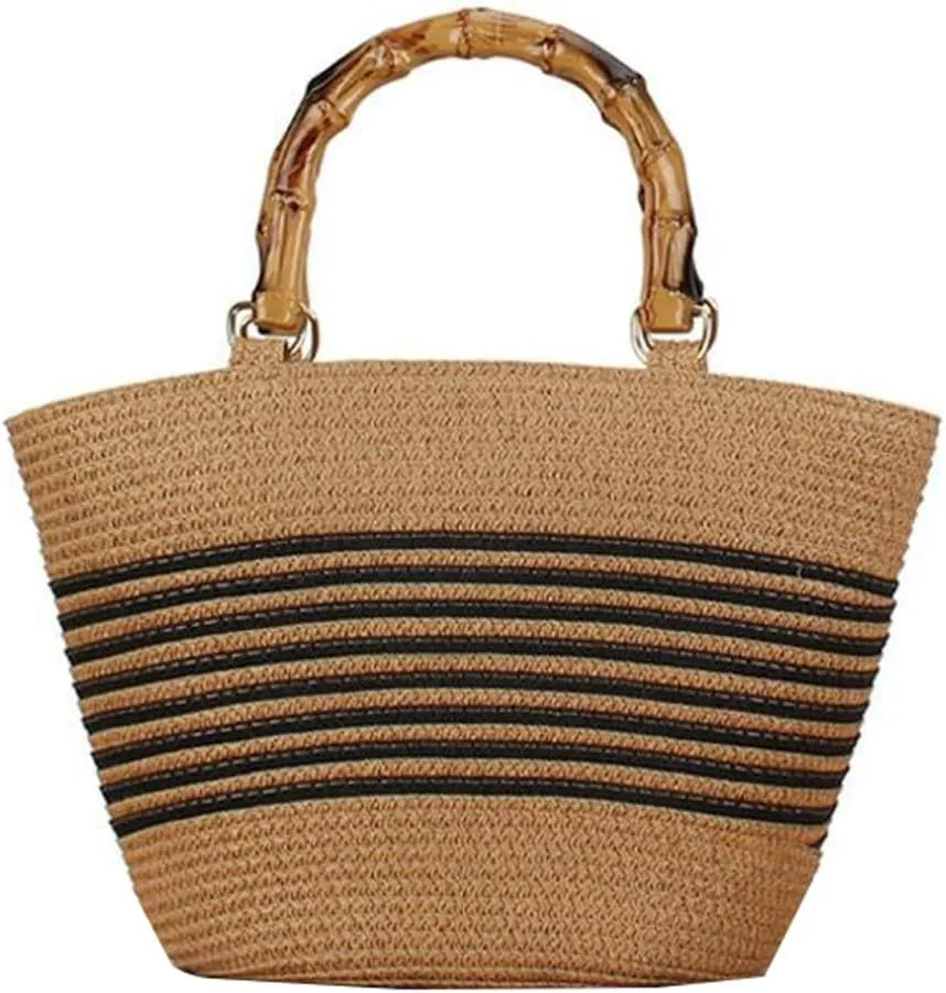 Womens Large Straw Tote Bag Bamboo Handle Handmade Woven Beach Shoulder Bag Top Handle Purse for Summer