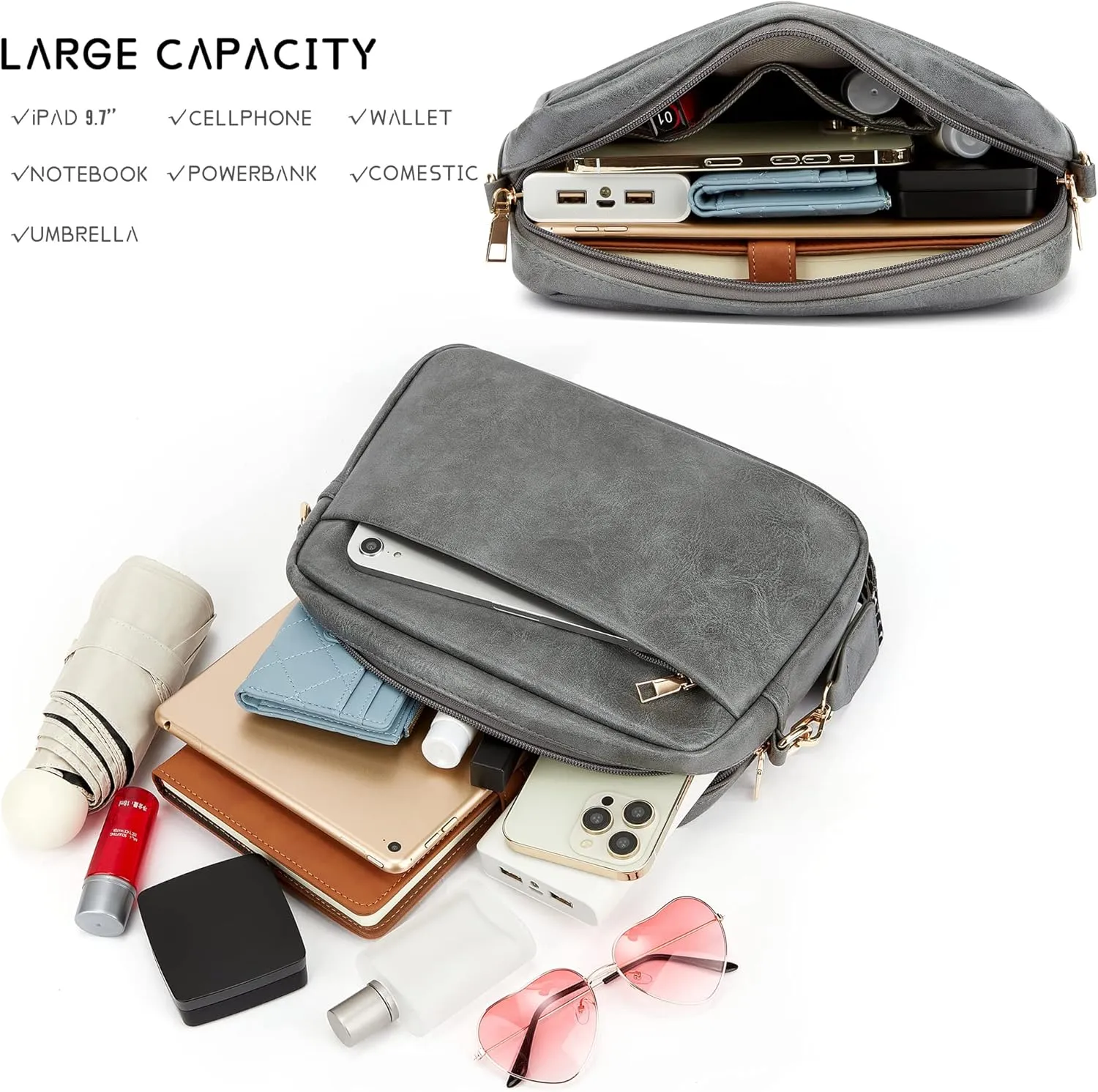 Women's Leather Crossbody Bag Zipper Shoulder Camera Purse