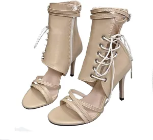 Women's Leather High Top Stilettos Gladiator Sandals Sexy Open Round Toe Lace Up Side Zipper Buckle Strap High Heel Summer Boots Strappy Party Dress Pumps Sandals