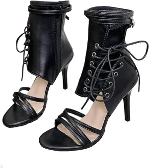 Women's Leather High Top Stilettos Gladiator Sandals Sexy Open Round Toe Lace Up Side Zipper Buckle Strap High Heel Summer Boots Strappy Party Dress Pumps Sandals
