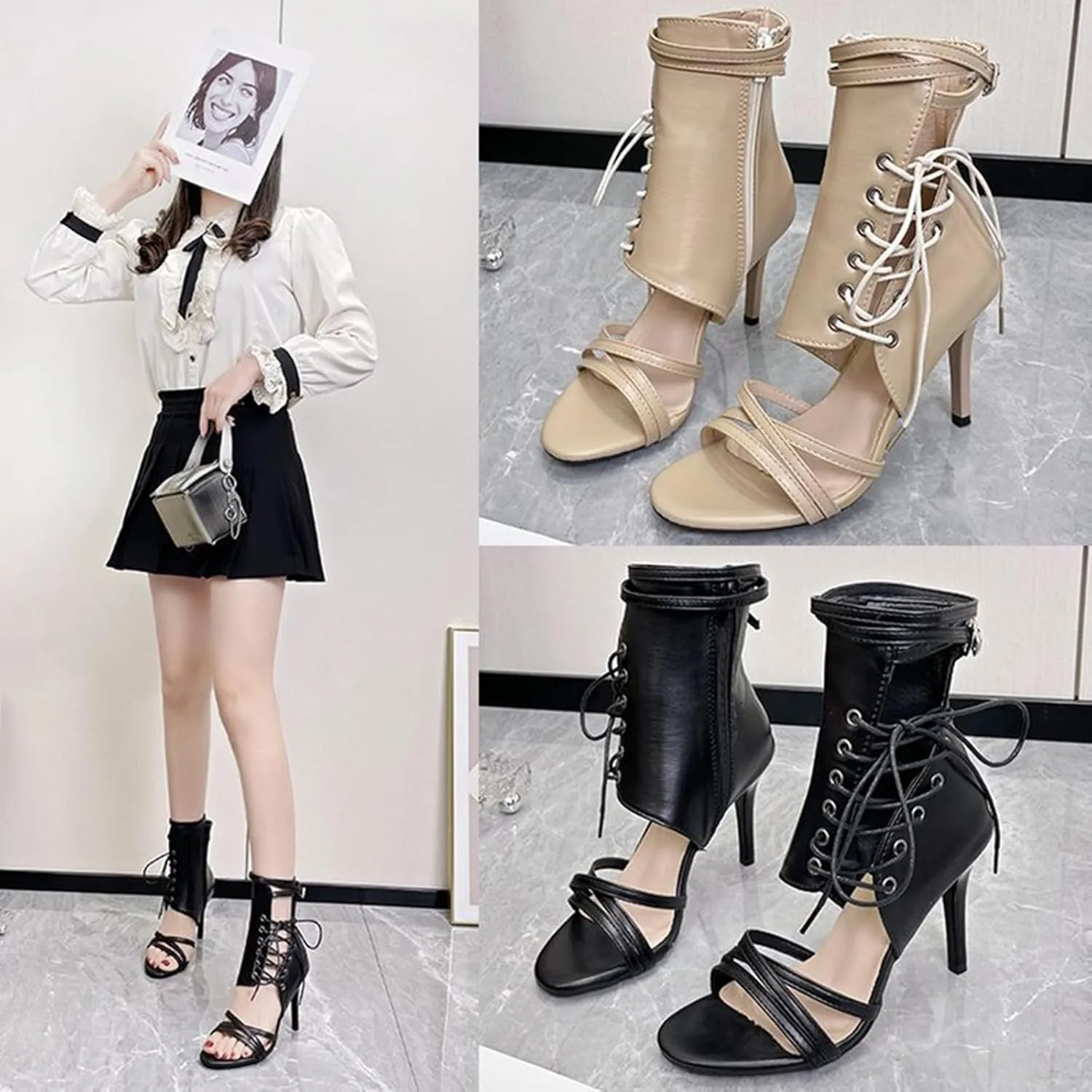 Women's Leather High Top Stilettos Gladiator Sandals Sexy Open Round Toe Lace Up Side Zipper Buckle Strap High Heel Summer Boots Strappy Party Dress Pumps Sandals