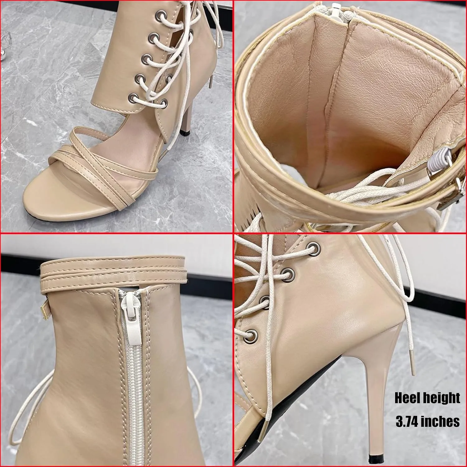 Women's Leather High Top Stilettos Gladiator Sandals Sexy Open Round Toe Lace Up Side Zipper Buckle Strap High Heel Summer Boots Strappy Party Dress Pumps Sandals