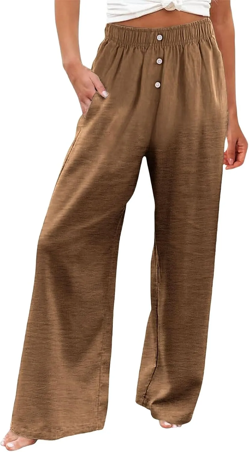 Women's Linen Palazzo Pants Wide Leg High Waisted Pant Casual Straight Leg Trousers Flowy Beach Pants with Pockets