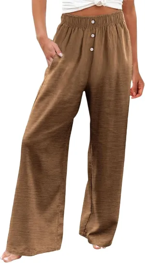 Women's Linen Palazzo Pants Wide Leg High Waisted Pant Casual Straight Leg Trousers Flowy Beach Pants with Pockets