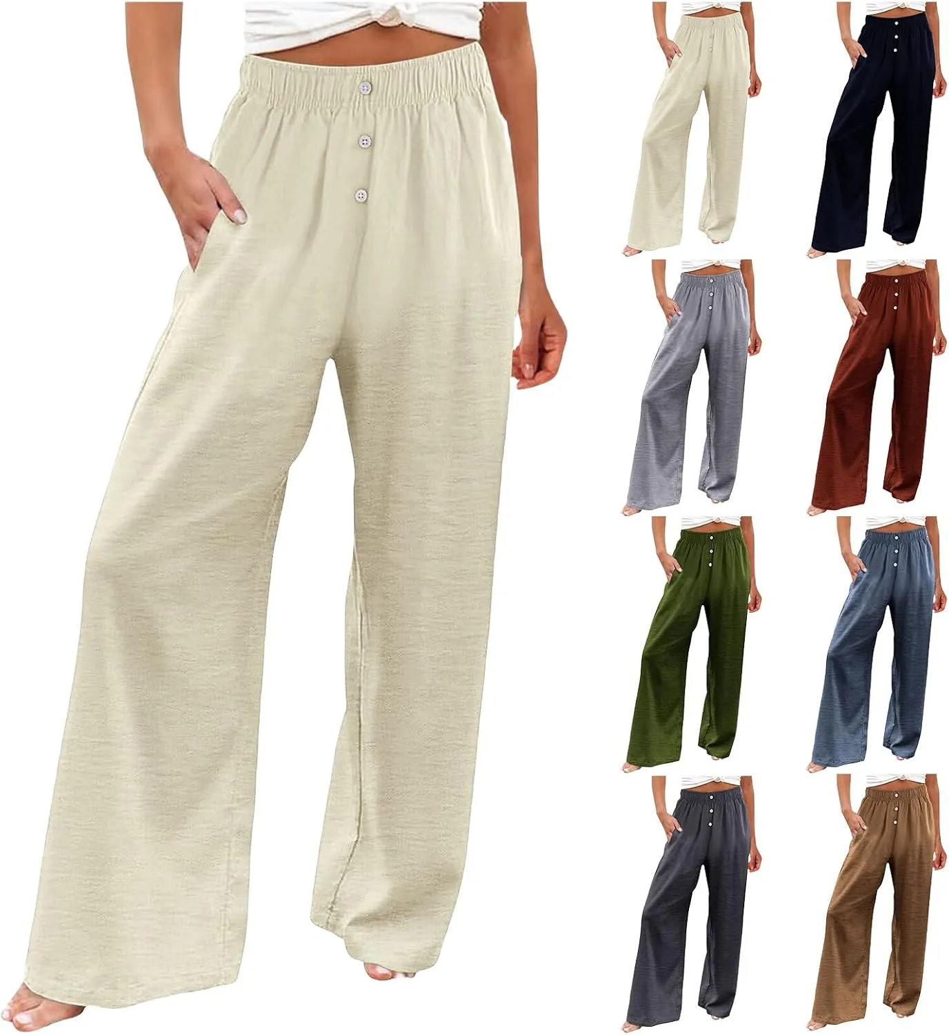 Women's Linen Palazzo Pants Wide Leg High Waisted Pant Casual Straight Leg Trousers Flowy Beach Pants with Pockets
