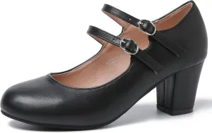 Women's Mary Jane Pumps Double Strap Chunky Block Heel Closed Round Toe Dress Office Work Bridal Wedding Party Shoes