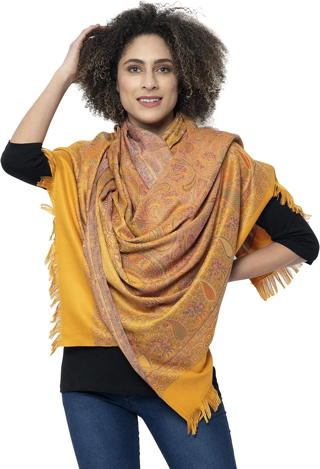 Women's Pashmina Wool Blend Indian Handicraft Woven Shawls, Scarf, Wraps [Large Size: 40" X 80"]
