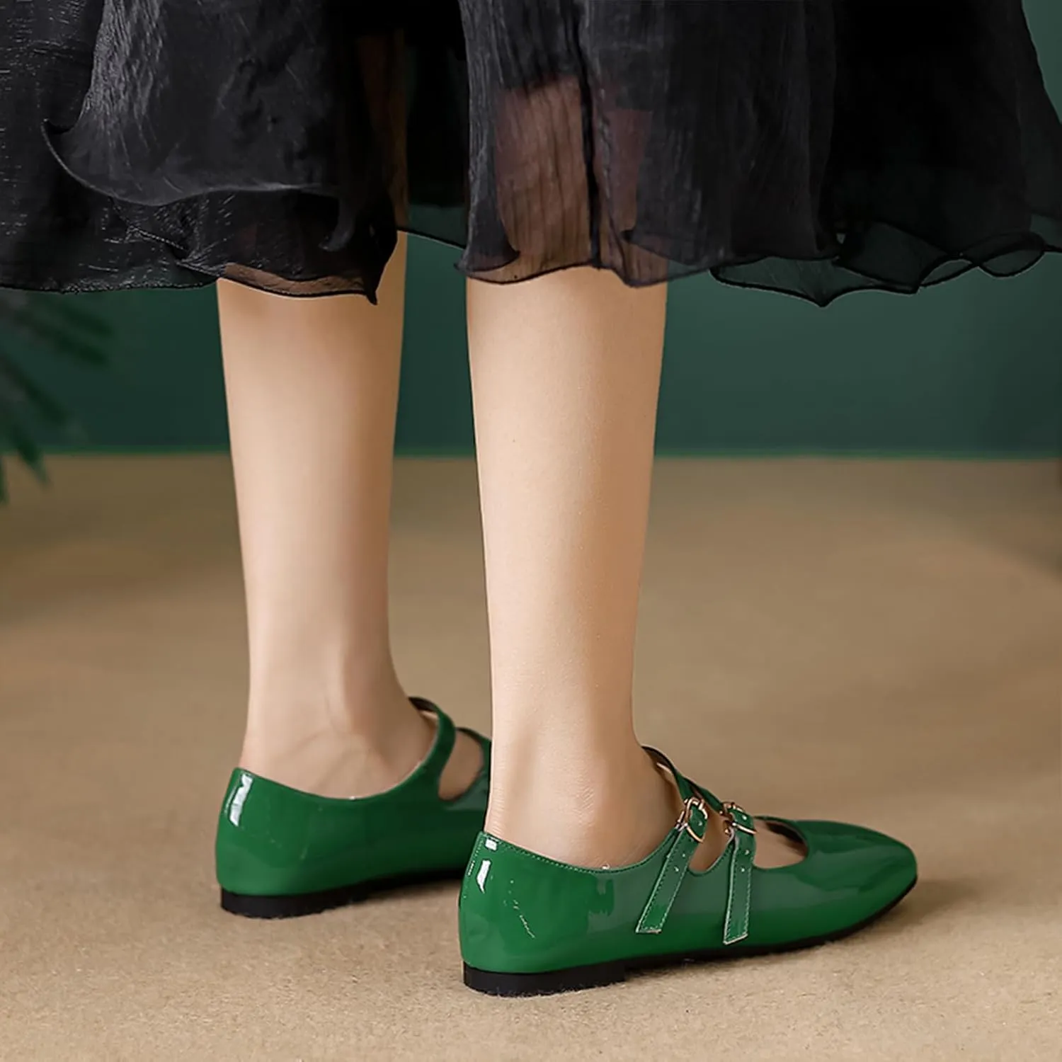 Women's Patent Leather Flat Mary Jane Shoes Elegant Square Toe Two Ankle Strap Ballet Flats for Walking Work Dressy & Casual