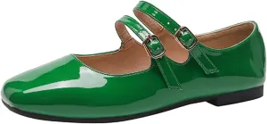 Women's Patent Leather Flat Mary Jane Shoes Elegant Square Toe Two Ankle Strap Ballet Flats for Walking Work Dressy & Casual