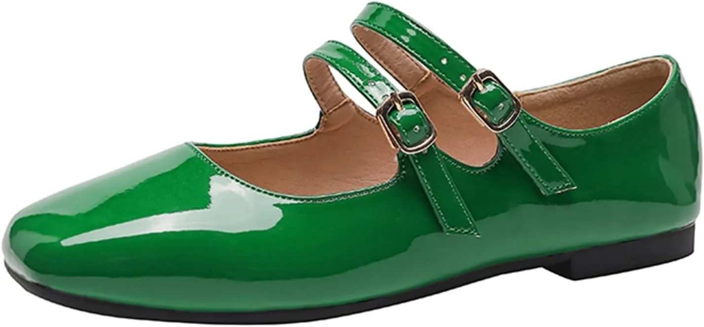 Women's Patent Leather Flat Mary Jane Shoes Elegant Square Toe Two Ankle Strap Ballet Flats for Walking Work Dressy & Casual