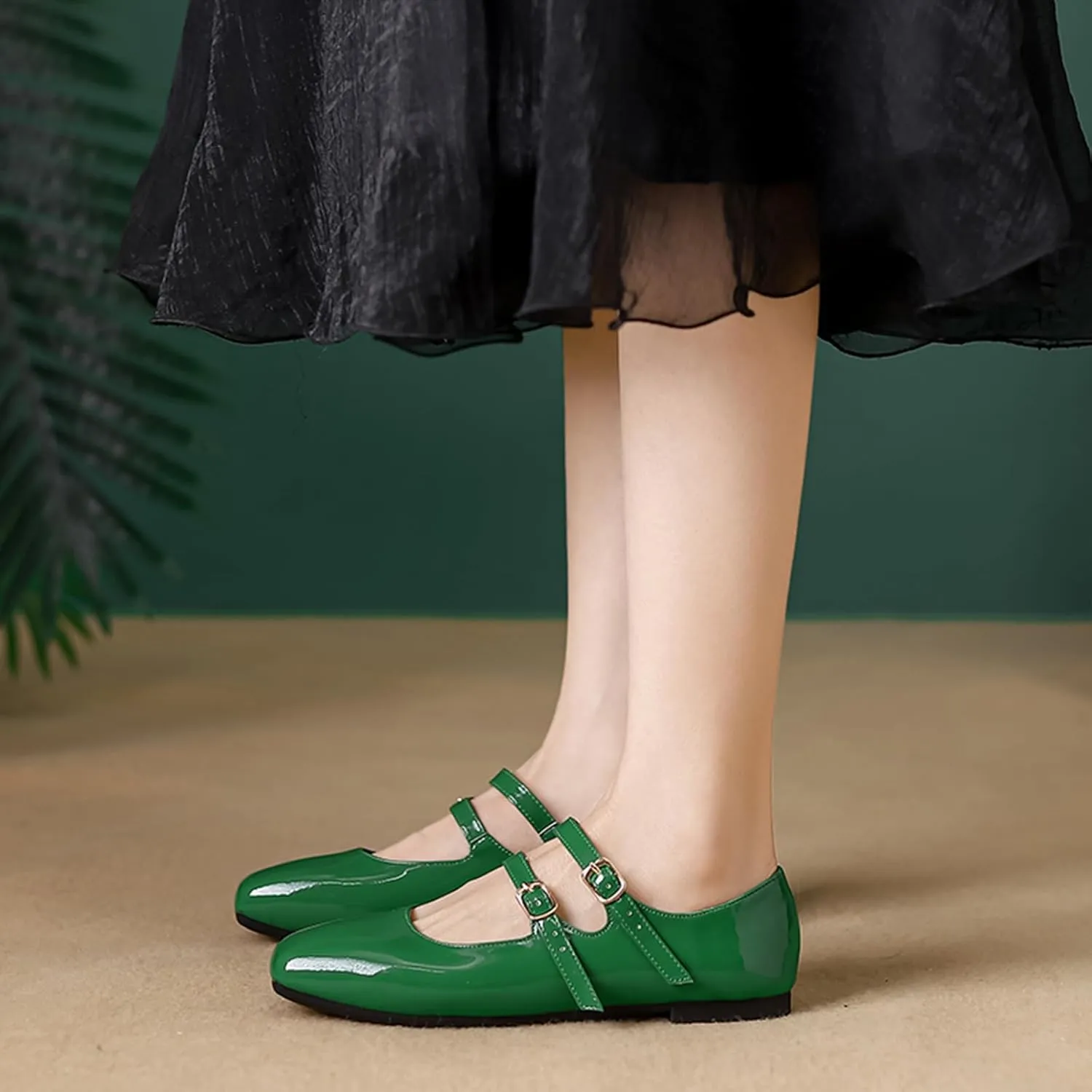 Women's Patent Leather Flat Mary Jane Shoes Elegant Square Toe Two Ankle Strap Ballet Flats for Walking Work Dressy & Casual