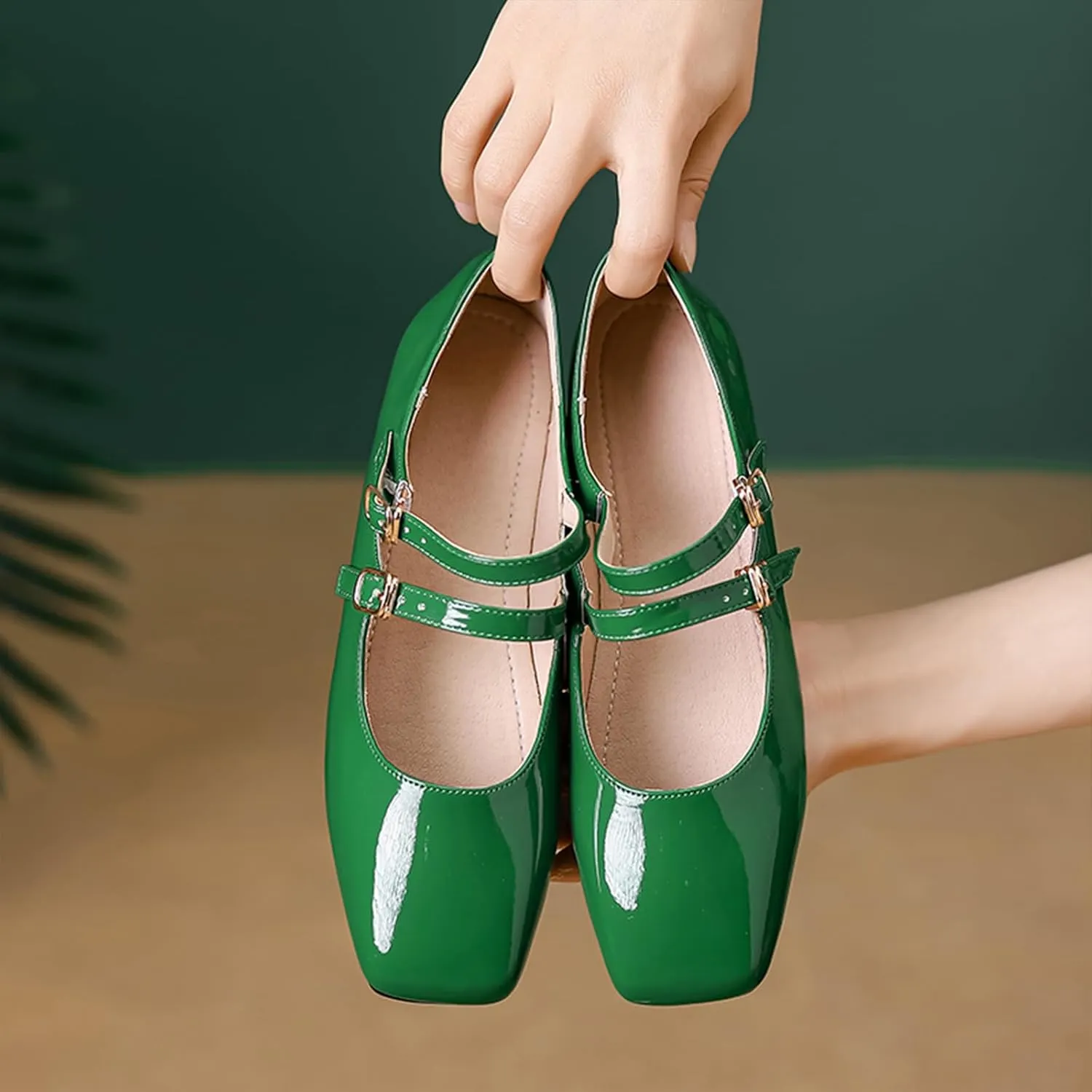 Women's Patent Leather Flat Mary Jane Shoes Elegant Square Toe Two Ankle Strap Ballet Flats for Walking Work Dressy & Casual