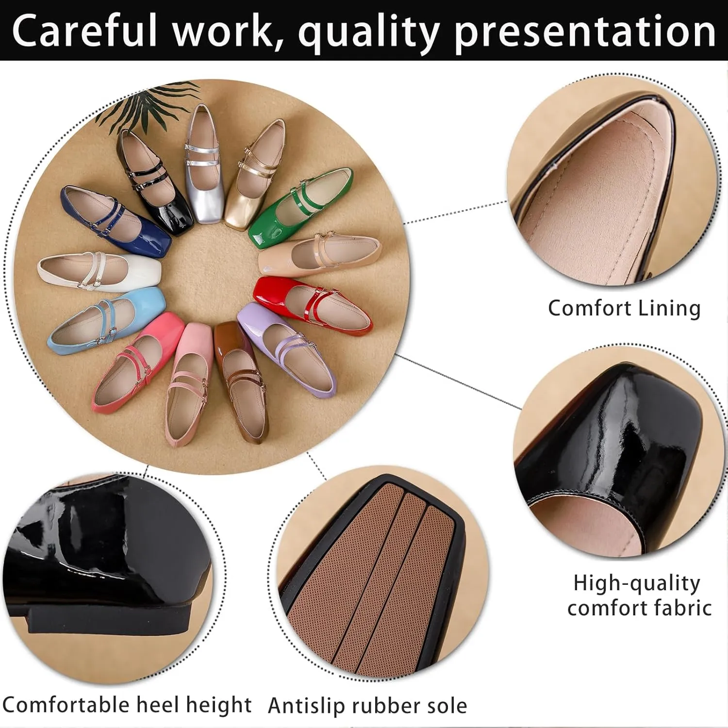 Women's Patent Leather Flat Mary Jane Shoes Elegant Square Toe Two Ankle Strap Ballet Flats for Walking Work Dressy & Casual