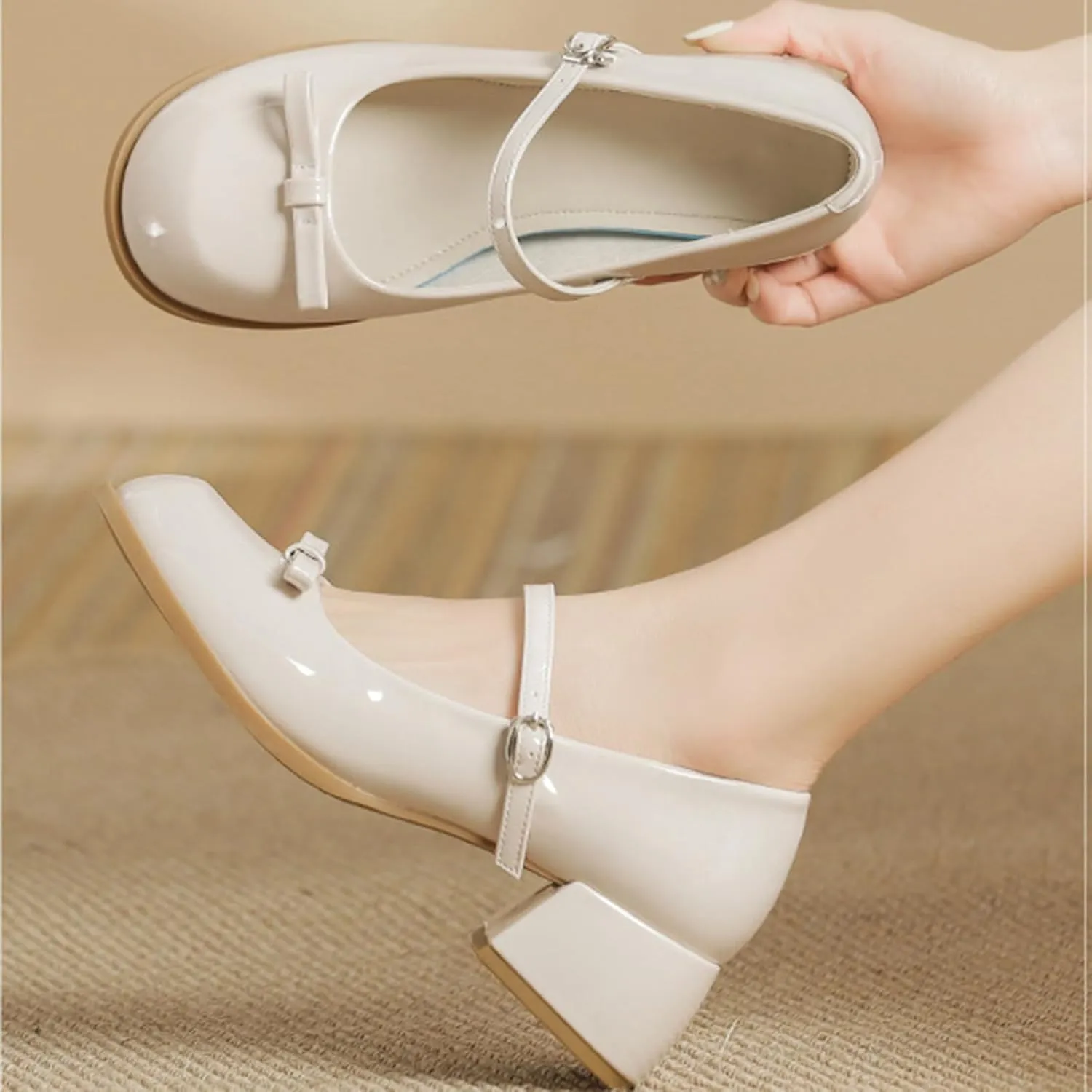Women's Patent Leather Low Chunky Block Heel Mary Jane Pumps Fashion Classic Bowknots Round Toe Buckle Strap Work Pumps Casual Business Office Wedding Dress Shoes