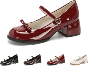 Women's Patent Leather Low Chunky Block Heel Mary Jane Pumps Fashion Classic Bowknots Round Toe Buckle Strap Work Pumps Casual Business Office Wedding Dress Shoes