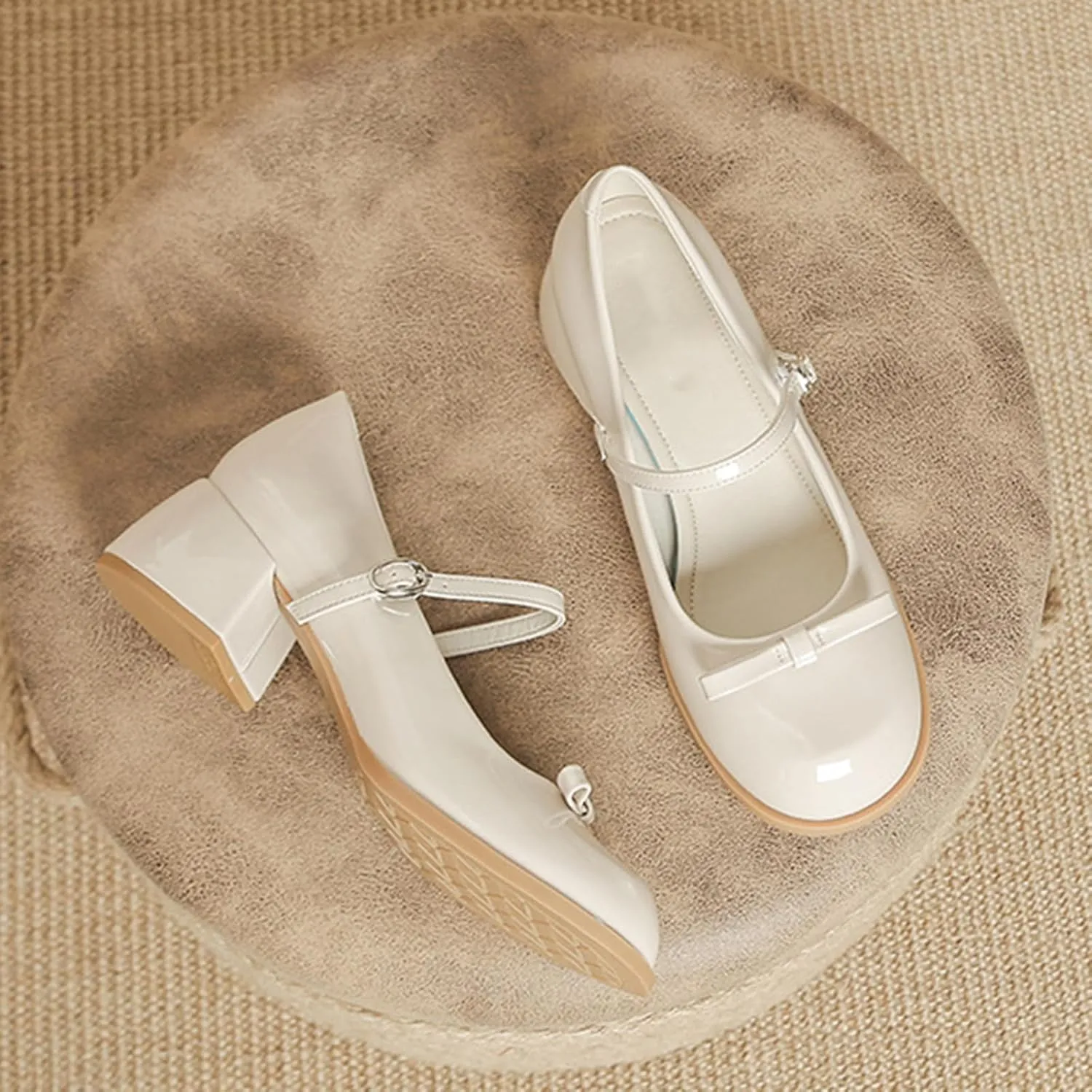 Women's Patent Leather Low Chunky Block Heel Mary Jane Pumps Fashion Classic Bowknots Round Toe Buckle Strap Work Pumps Casual Business Office Wedding Dress Shoes
