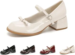 Women's Patent Leather Low Chunky Block Heel Mary Jane Pumps Fashion Classic Bowknots Round Toe Buckle Strap Work Pumps Casual Business Office Wedding Dress Shoes