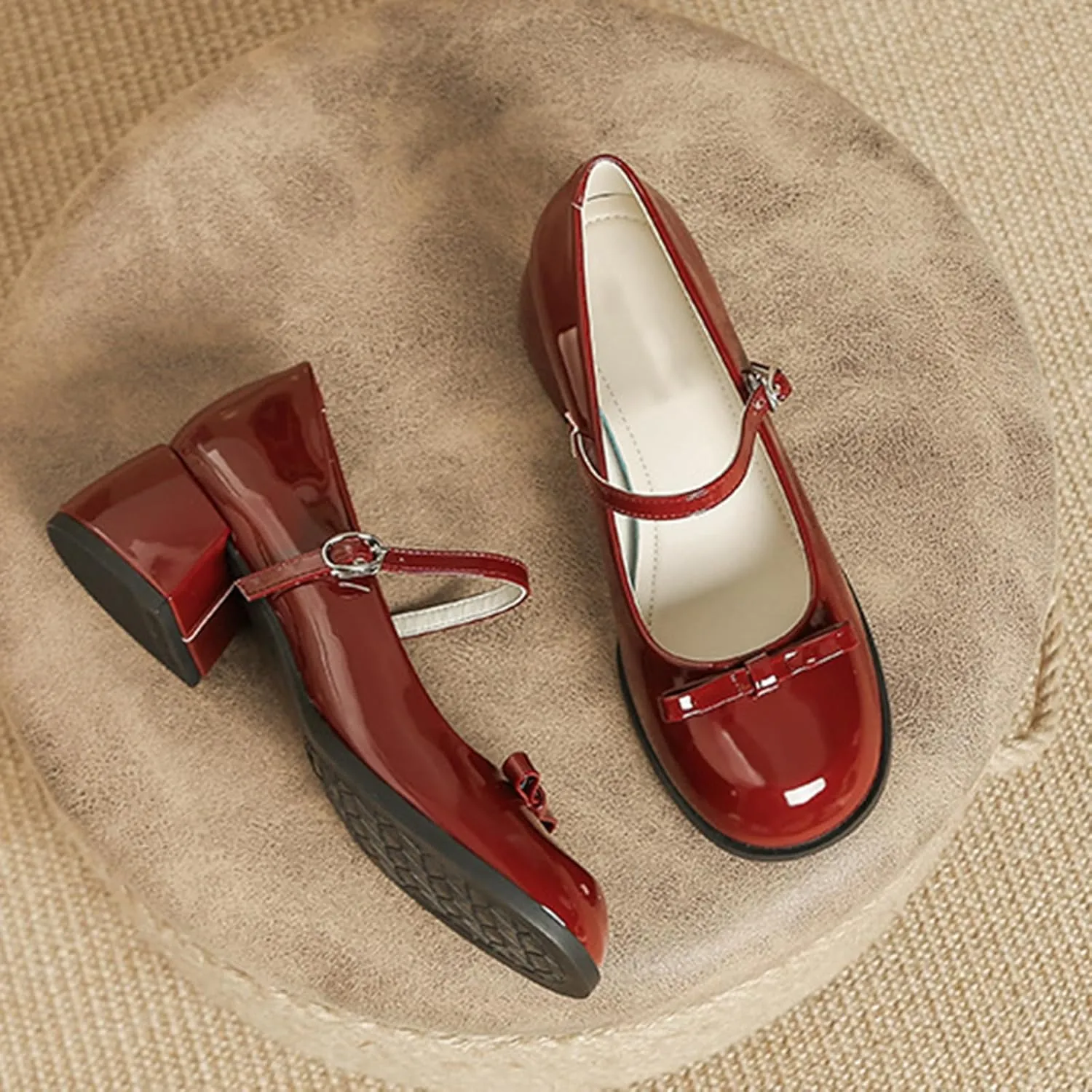 Women's Patent Leather Low Chunky Block Heel Mary Jane Pumps Fashion Classic Bowknots Round Toe Buckle Strap Work Pumps Casual Business Office Wedding Dress Shoes