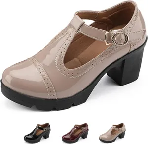 Women's Platform Chunky Heel T-Strap Mary Jane Pumps Shoes Retro Round-Toe Patent Leather Mid Block Heel Brogue Shoes Classic Dress Oxfords Shoes